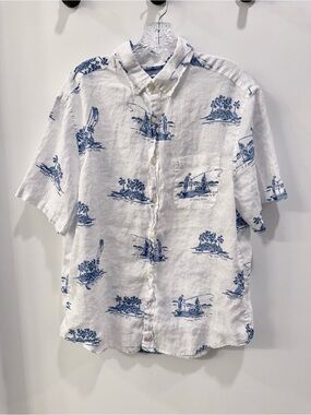 Men’s L 100% Linen Shirt Vineyard Vines Short-Sleeve Fishing Boat Summer Resort